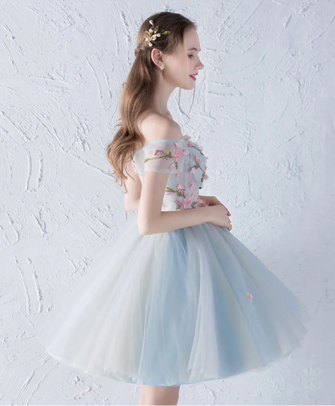 Gray Blue Tulle Lace Applique Short Prom Dress, Homecoming Dress - Deanwangkt