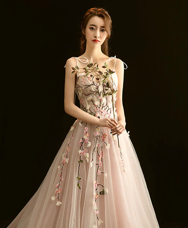 High Quality V Neck Lace Long Prom Dress, Light Pink Evening Dress - Deanwangkt