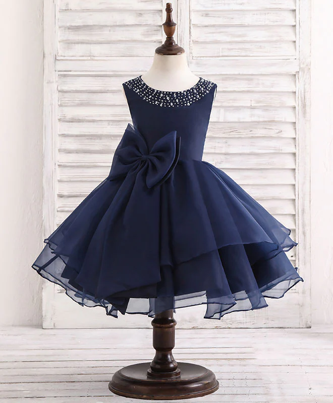 Dark Blue Round Neck Flower Girl Dress - Deanwangkt