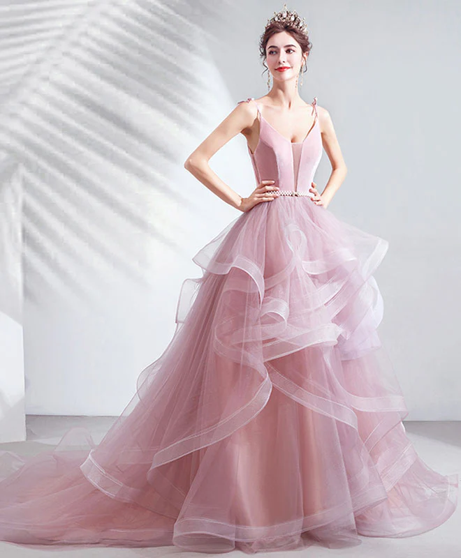 Pink V Neck Tulle Long Prom Dress Pink Tulle Evening Dress - Deanwangkt