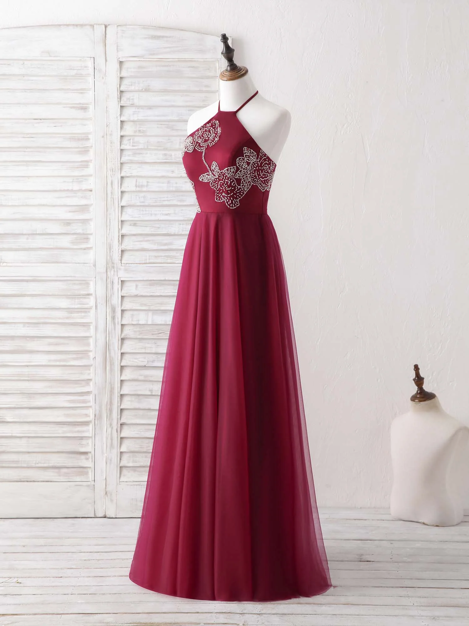 Burgundy Tulle Beads Long Prom Dress Burgundy Evening Dress - Deanwangkt