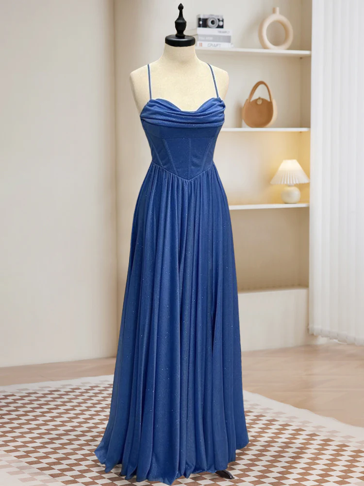 A-Line Sweetheart Neck Blue Long Prom Dress, Backless Blue Long Evening Dress - Deanwangkt