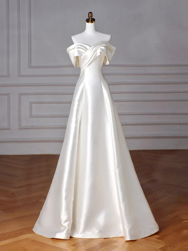 A-Line Off Shoulder Satin Beige Long Prom Dress, Beige Long Formal Dress - Deanwangkt