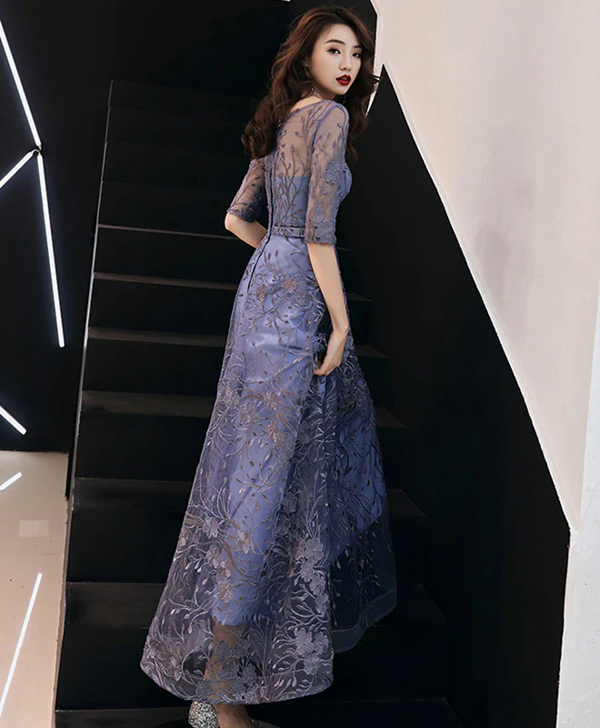 Blue Round Neck Tulle Lace Long Prom Dress, Lace Evening Dress - Deanwangkt
