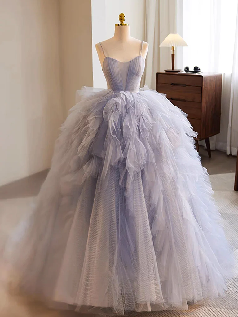 Blue Tulle Long Prom Gown, Blue Tulle Long Sweet 16 Dress - Deanwangkt