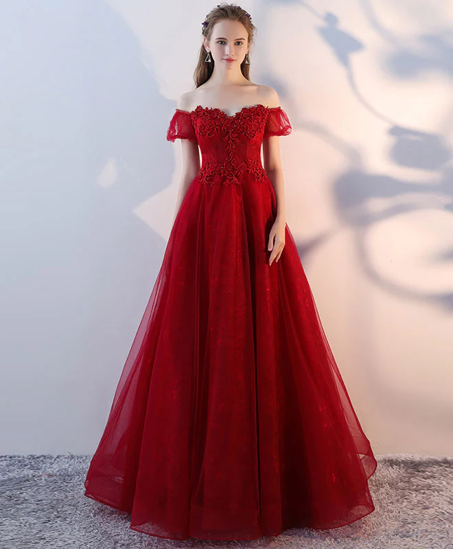 Burgundy Tulle Lace Long Prom Dress, Burgundy Lace Evening Dress - Deanwangkt