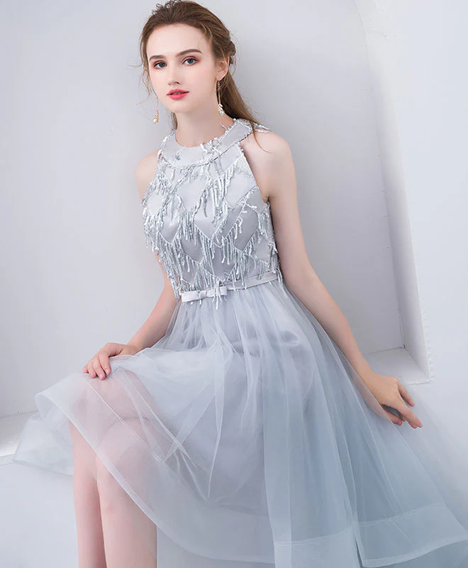 Cute High Neck Gray Tulle Short Prom Dress, Tulle Homecoming Dress - Deanwangkt