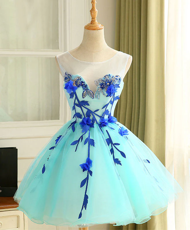 Cute A Line Blue Tulle Mini/Short Prom Dress, Blue Homecoming Dress - Deanwangkt
