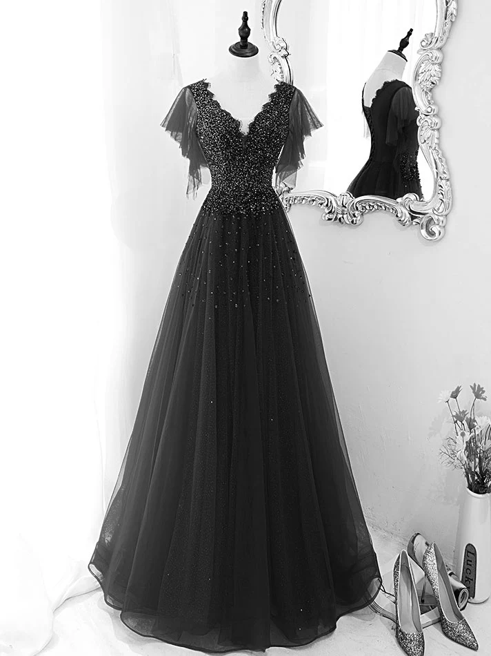 Green V Neck Sequin Beads Long Prom Dress, Green Formal Bridesmaid Dresses - Deanwangkt