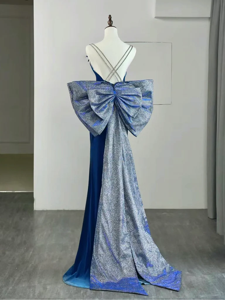 Simple Velvet Blue Mermaid Long Prom Dress, Backless Velvet Blue Evening Dress - Deanwangkt