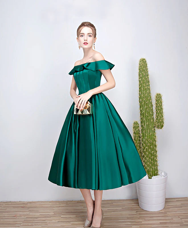 Green Satin Short Prom Dress, Green Tea Length Homecoming Dresses - Deanwangkt