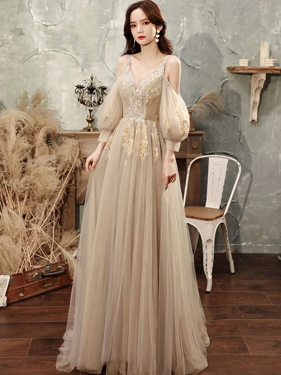 Champagne Tulle Lace Long Prom Dress, Champagne Formal Dresses - Deanwangkt