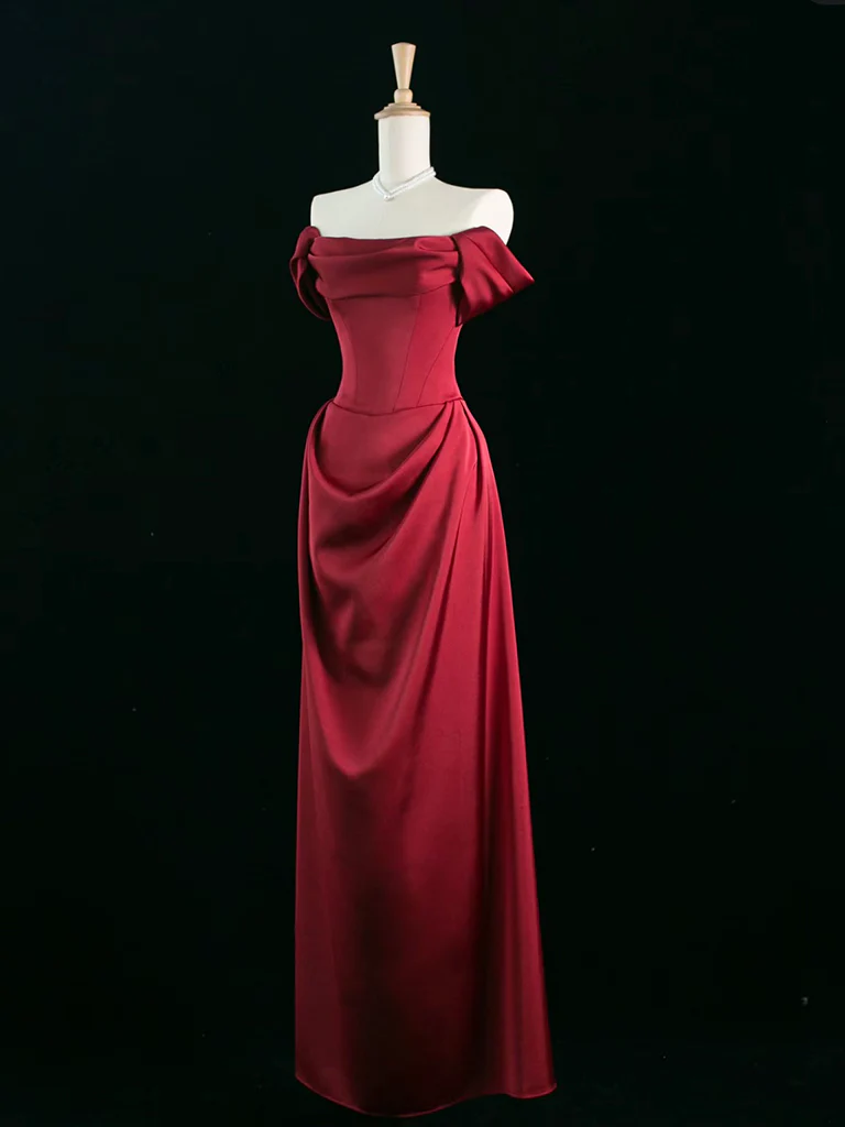 A-Line Off Shoulder Satin Burgundy Long Prom Dress, Burgundy Long Formal Dress - Deanwangkt
