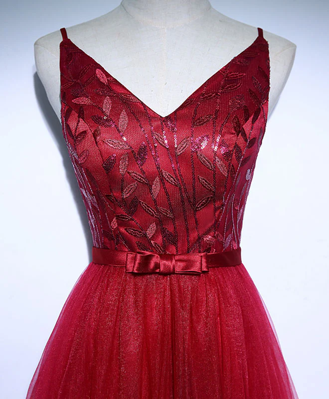 Burgundy V Neck Tulle Long Prom Dress, Evening Dress - Deanwangkt