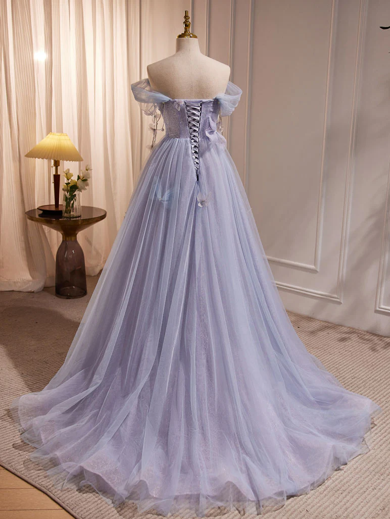 A-Line Sweetheart Neck Tulle Purple Long Prom Dress, Purple Formal Dress - Deanwangkt