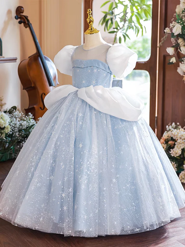 A-Line Puff Sleeves Tulle Lace Blue Long Flower Girl Dress - Deanwangkt