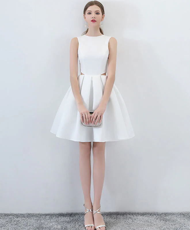 Simple White Satin Short Prom Dress, White Homecoming Dress - Deanwangkt
