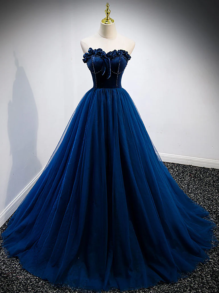 Simple A Line Blue Tulle Long Prom Dress, Blue Tulle Formal Dress - Deanwangkt