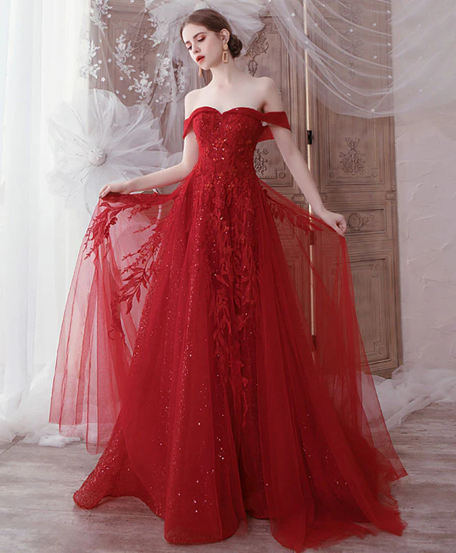 Burgundy Tulle Lace Off Shoulder Tulle Long Prom Dress Evening Dress - Deanwangkt