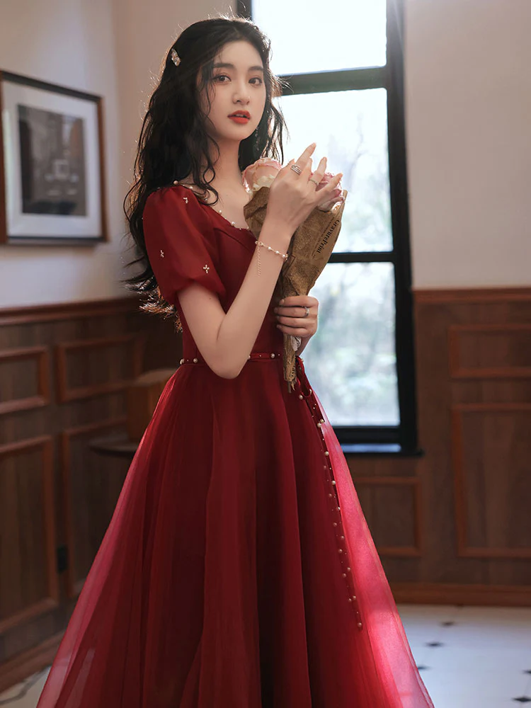 Simple Tea Length Burgundy Prom Dress, Burgundy Graduation Dresses - Deanwangkt
