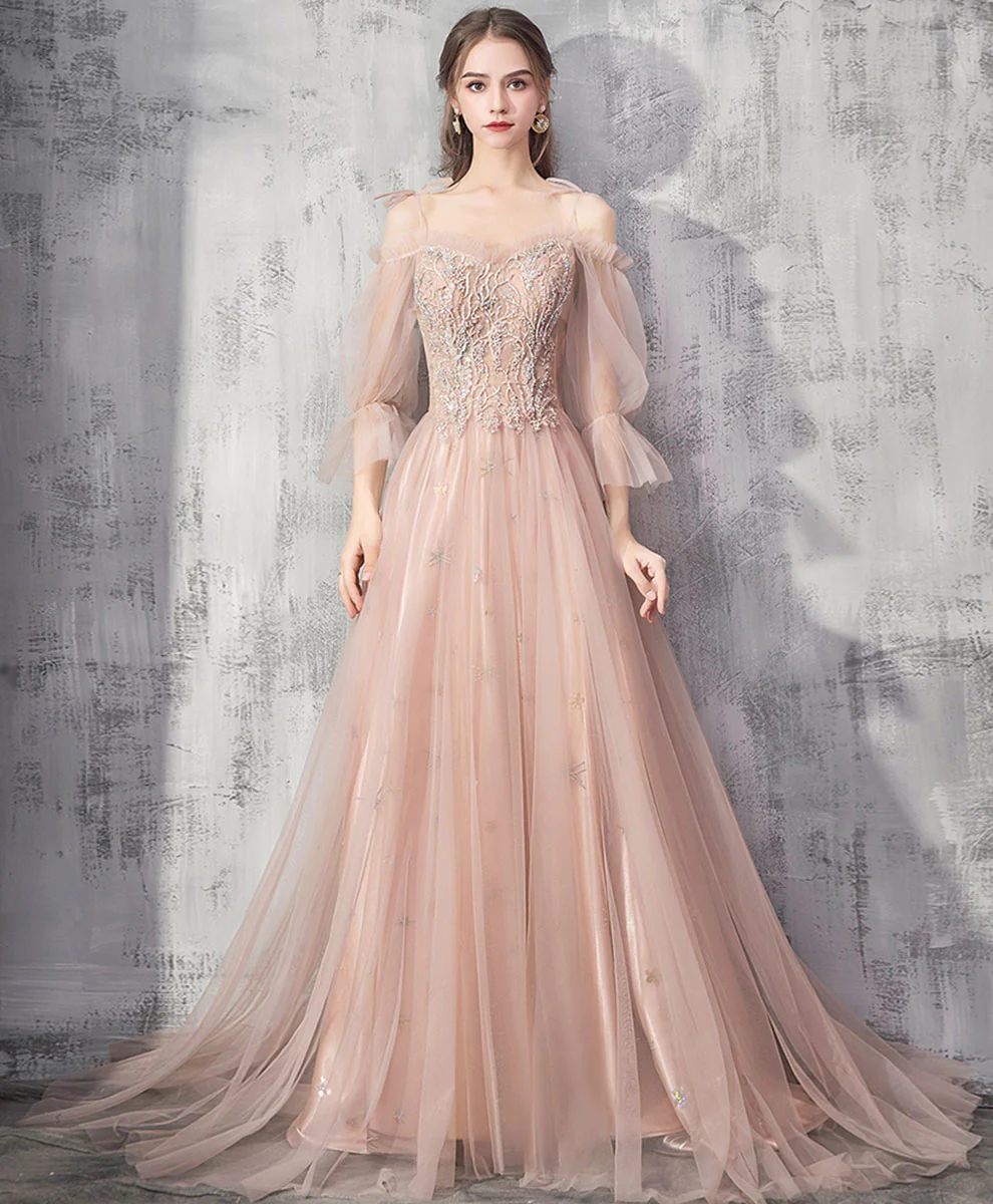Champagne Tulle Lace Long Prom Dress Champagne Tulle Formal Dress - Deanwangkt