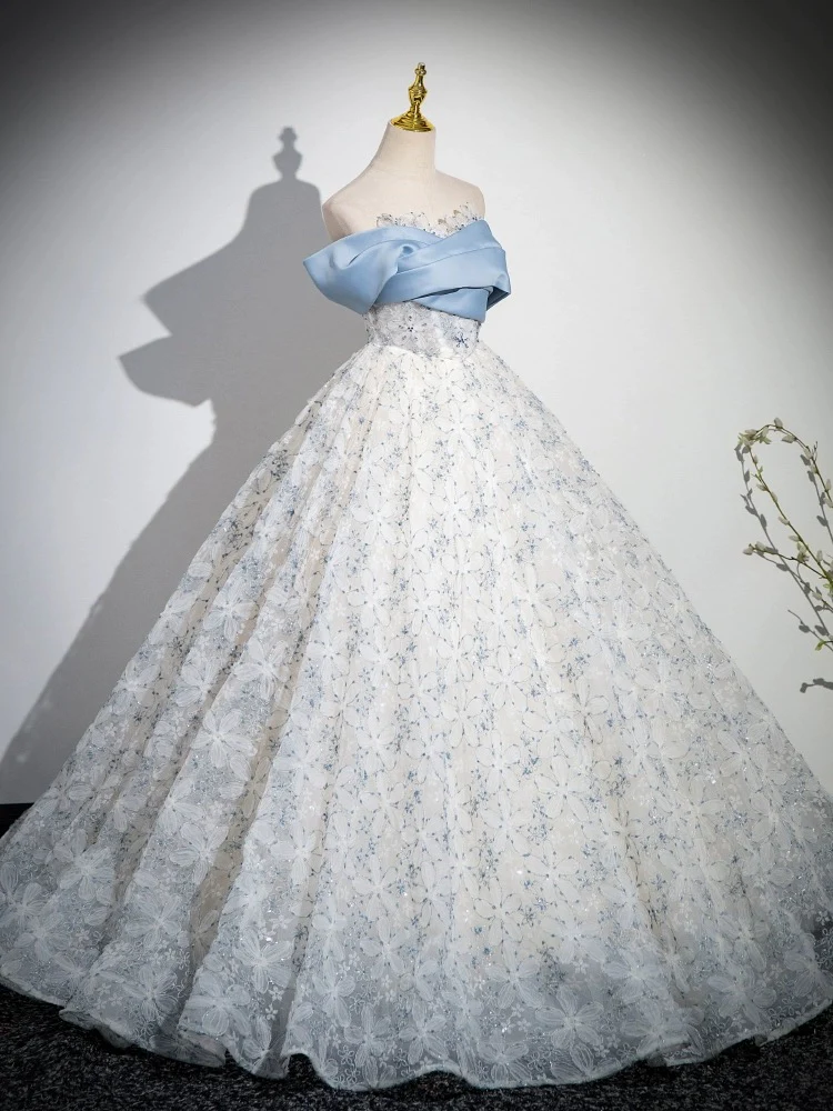 A-line Off Shoulder Tulle Lace Blue Long Prom Dress, Blue Long Formal Dress - Deanwangkt
