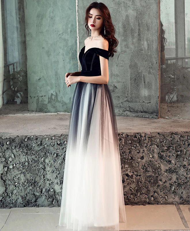 Simple Tulle Off Shoulder Black Long Prom Dress, Black Tulle Evening Dress - Deanwangkt