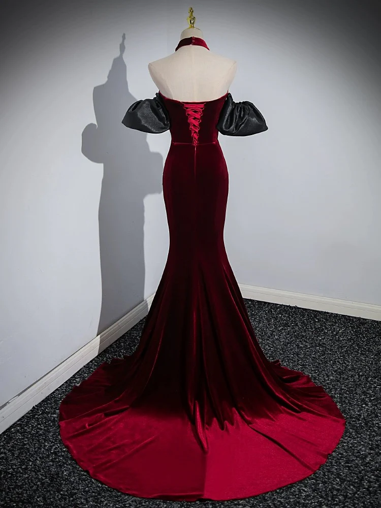 Trumpet/Mermaid Velvet Burgundy Long Prom Dress with Beads - Deanwangkt