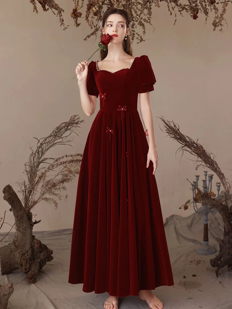 A-Line Velvet Burgundy Long Prom Dress, Burgundy Long Formal Dress - Deanwangkt