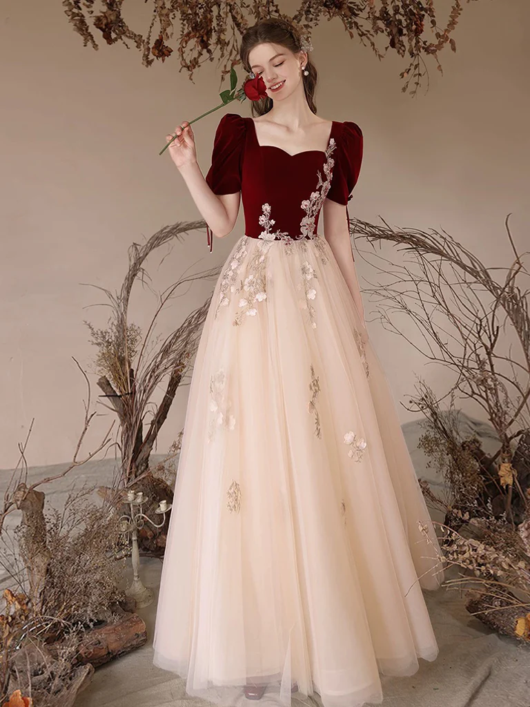 A-Line Velvet Tulle Lace Champagne Long Prom Dress, Champagne Long Formal Dress - Deanwangkt