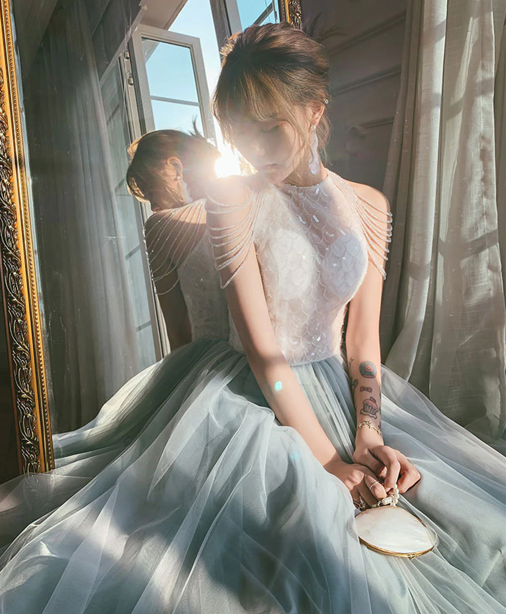 Gray Tulle Sequin Long Prom Dress, Tulle Formal Graduation Dress with Beading - Deanwangkt