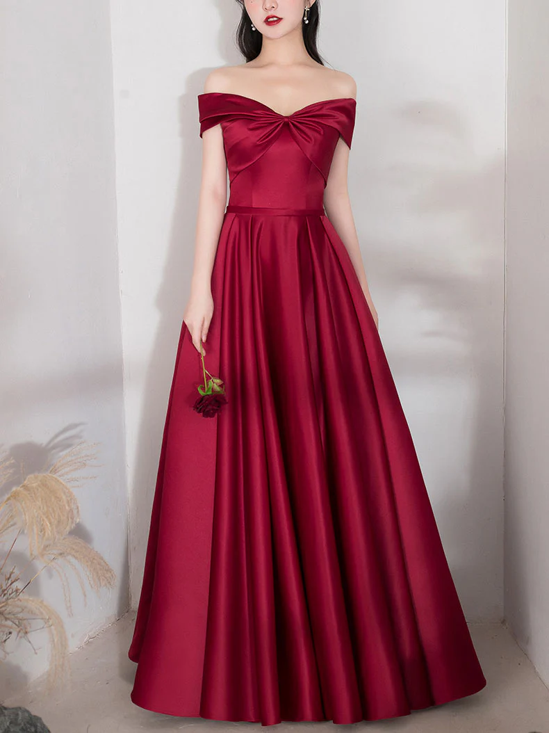 Simple A-line Dark Red Satin Long Prom Dress Red Bridesmaid Dress - Deanwangkt