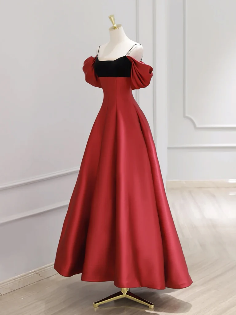 A-Line Off Shoulder Satin Dark Red Long Prom Dress, Red Long Formal Dress - Deanwangkt