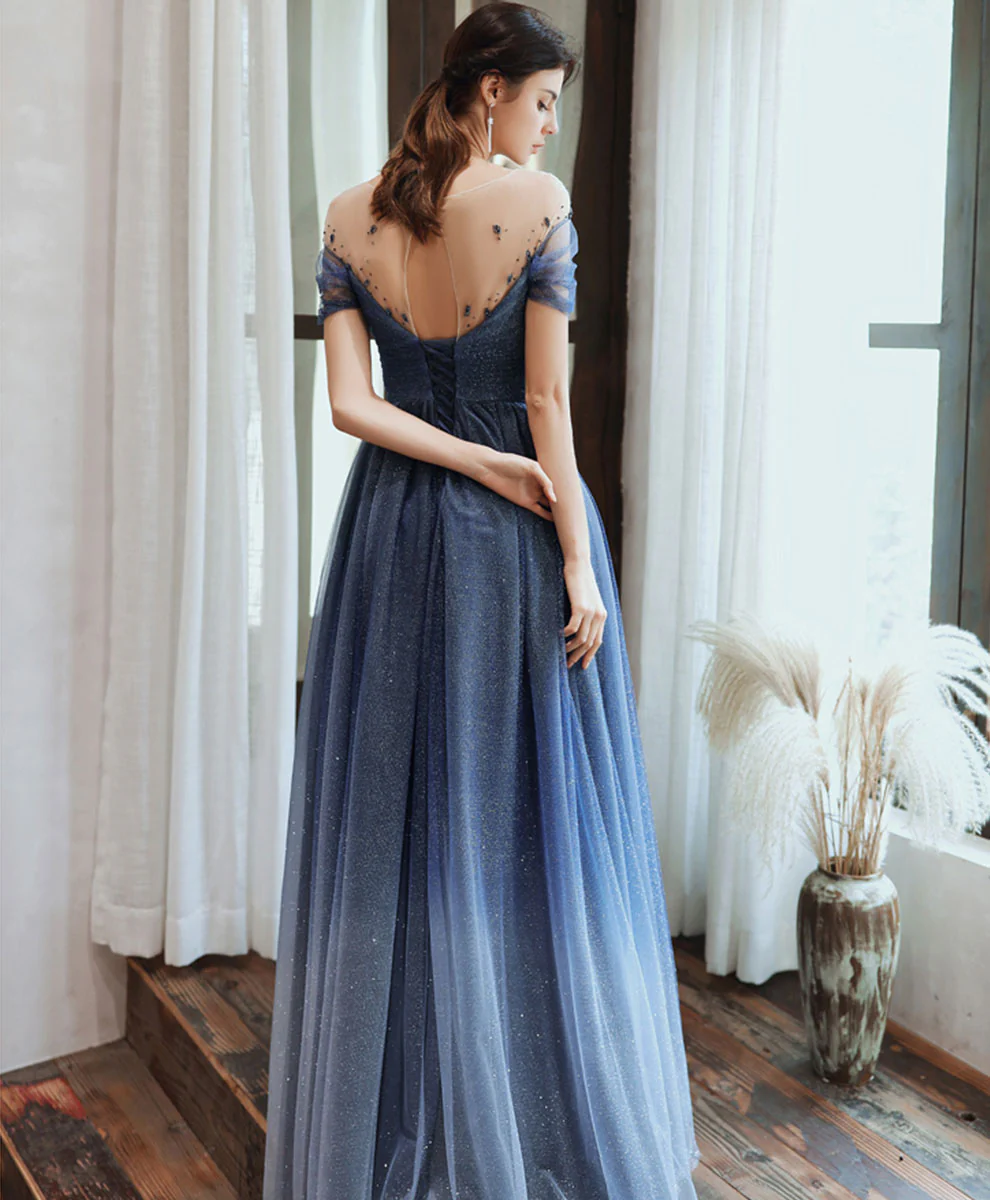Blue Tulle Off Shoulder Sequin Long Prom Dress Blue Evening Dress - Deanwangkt