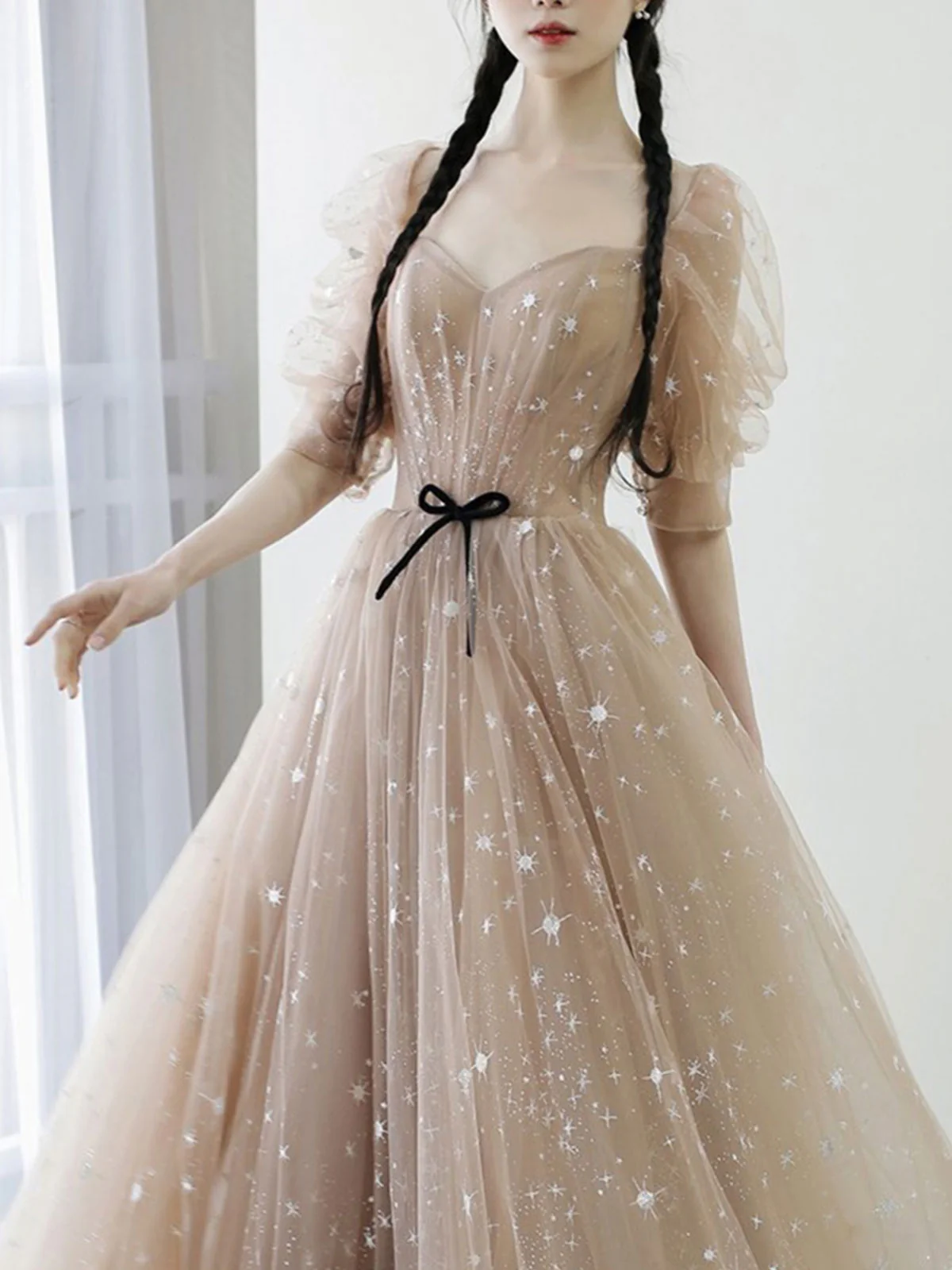 Champagne A line Tulle Long Prom Dress, Champagne Formal Evening Graduation Dresses - Deanwangkt