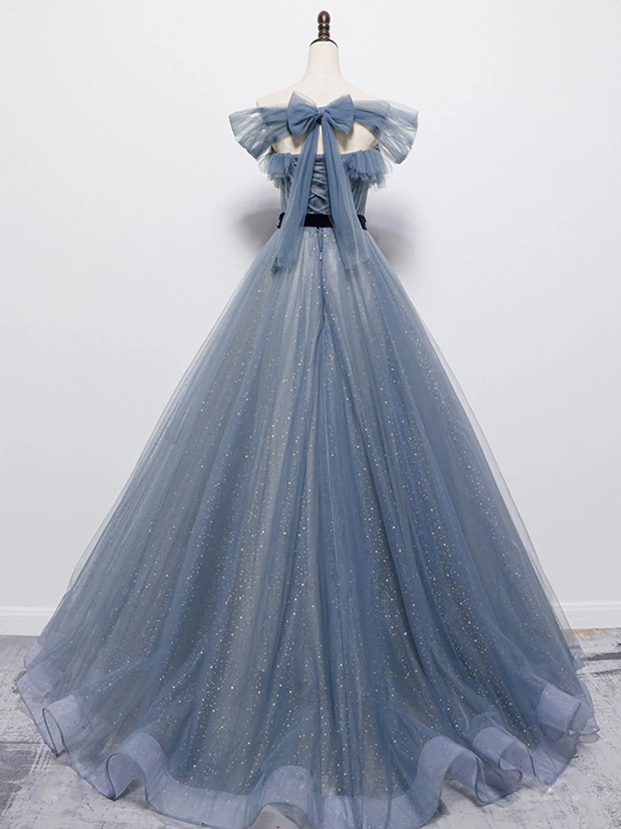 Blue Tulle Off Shoulder Sequin Long Prom Dress Blue Evening Dress - Deanwangkt
