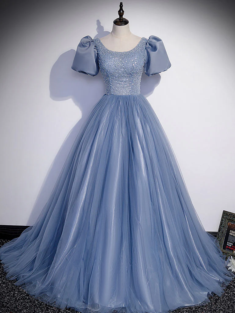 Blue Round Neck Tulle Sequin Beads Long Prom Dress, Blue Evening Dress - Deanwangkt