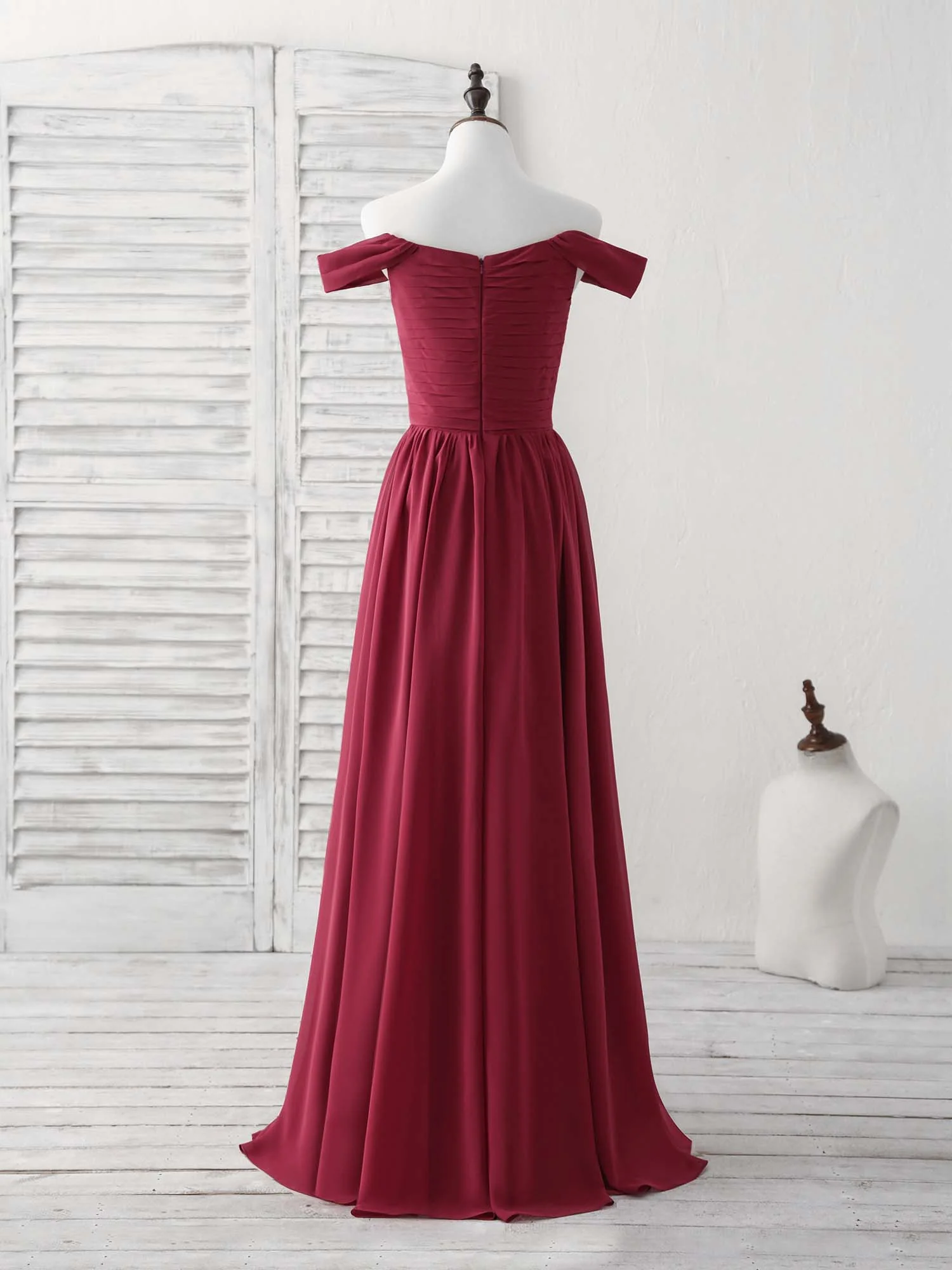 Burgundy Chiffon Off Shoulder Long Prom Dress Burgundy Bridesmaid Dress - Deanwangkt