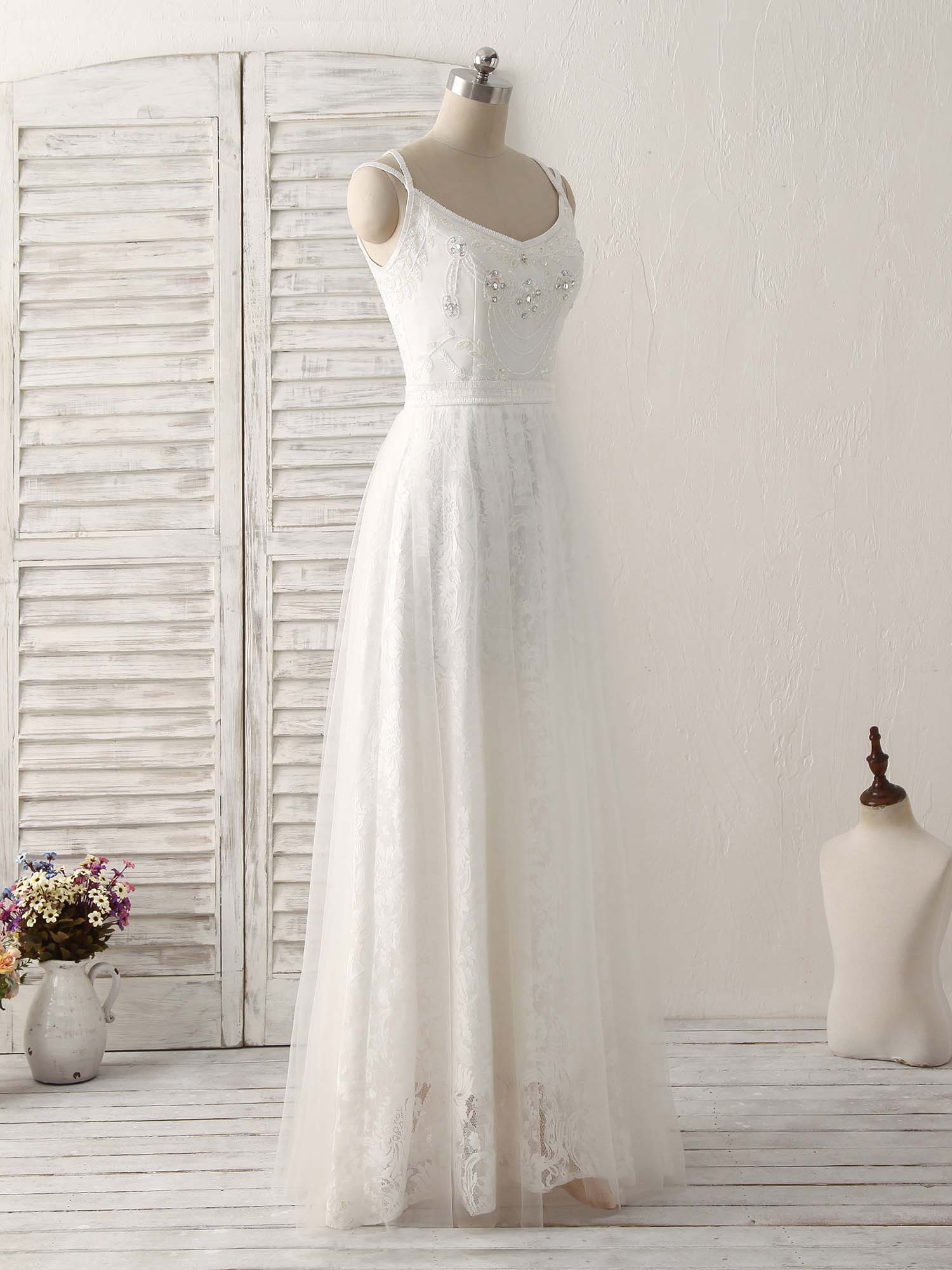 White V Neck Tulle Lace Long Prom Dress White Evening Dress - Deanwangkt