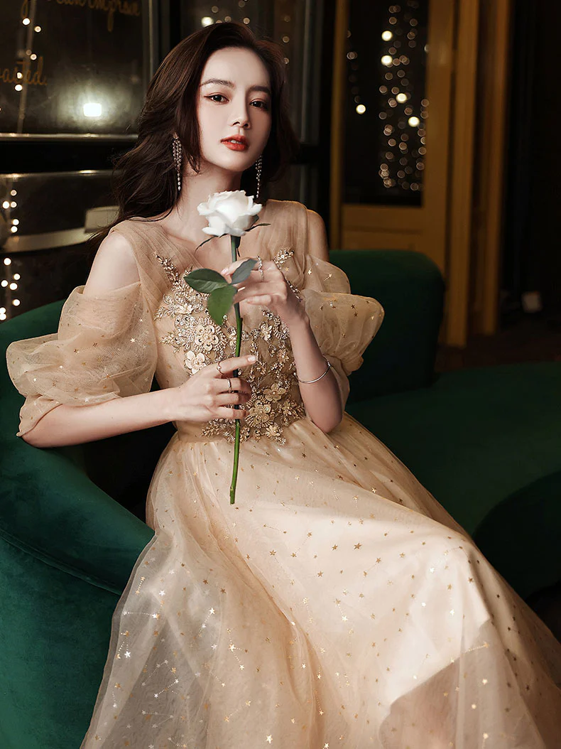 Champagne V Neck Tulle Lace Short Prom Dress, Champagne Homecoming Dress - Deanwangkt