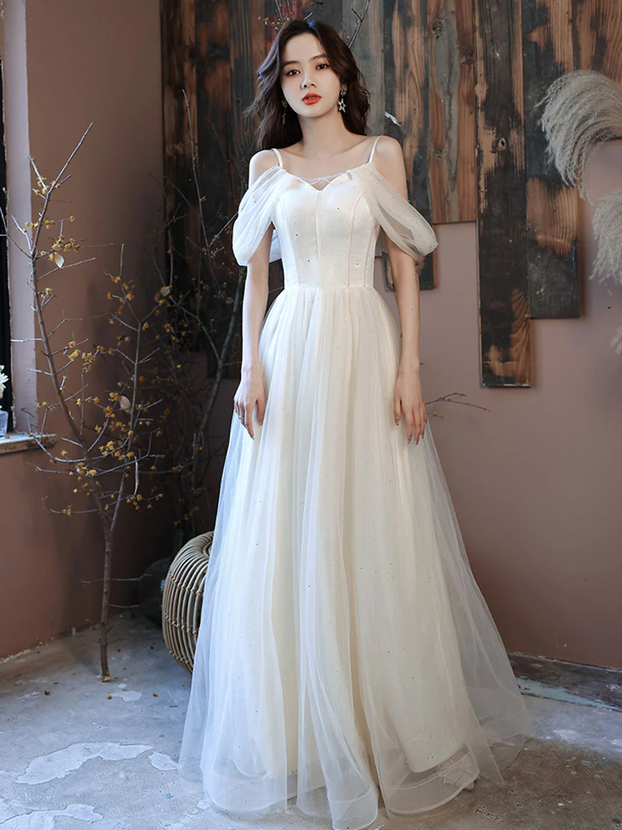 Simple White Off Shoulder Tulle Long Prom Dress, White Formal Dresses - Deanwangkt