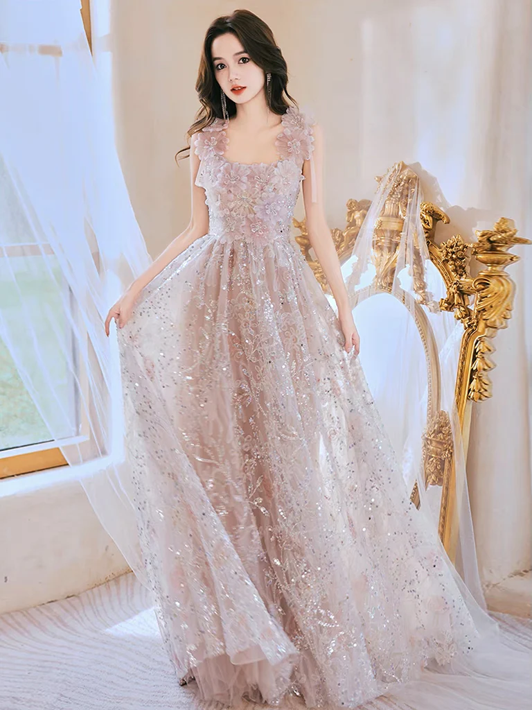 Unique Tulle Lace Pink Long Prom Dress, Lace Pink Long Evening Dress - Deanwangkt