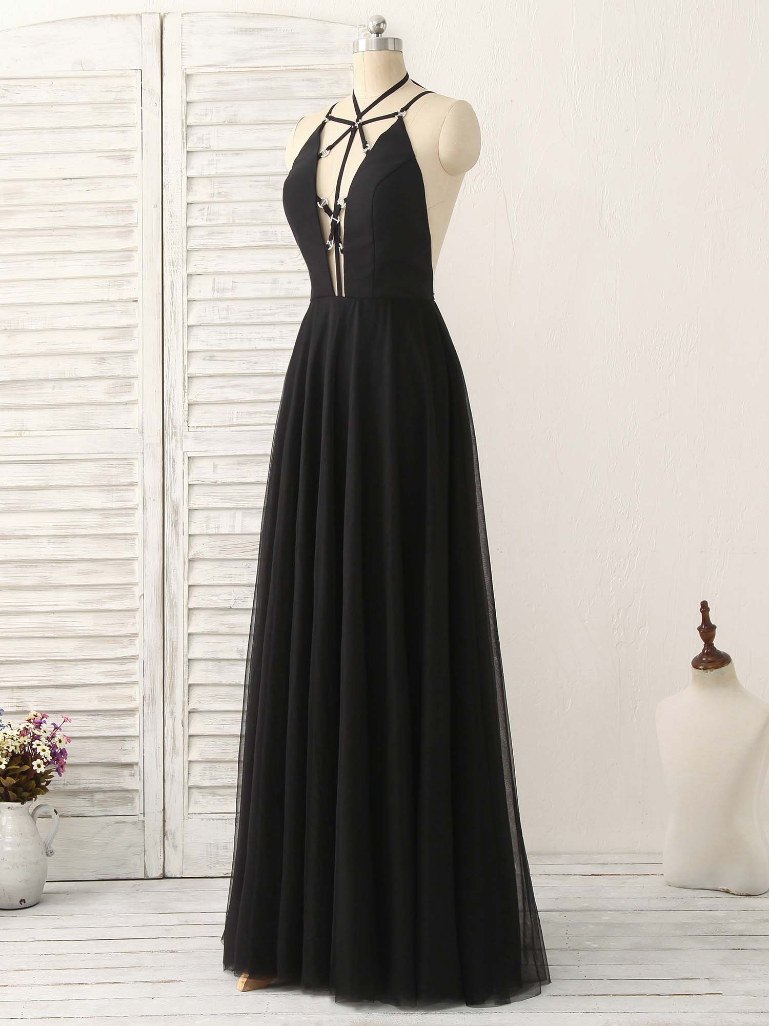 Black Tulle Backless Long Prom Dress, Black Evening Dress - Deanwangkt