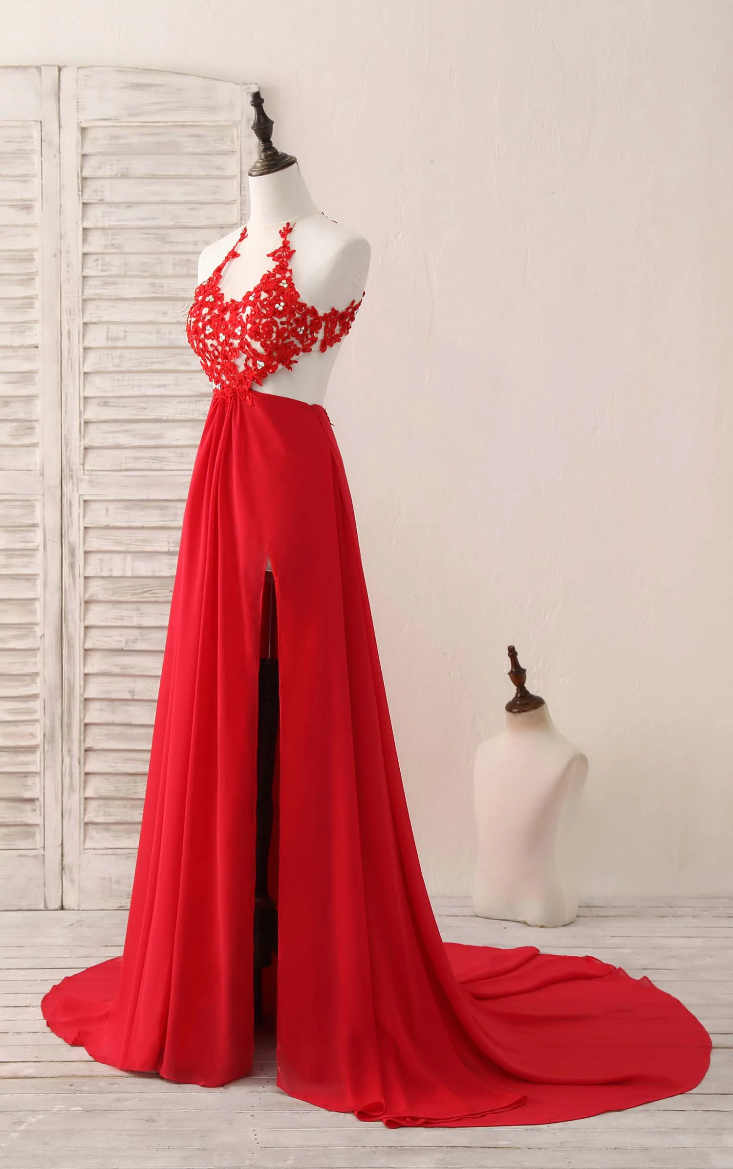 Red Hight Neck Chiffon Lace Applique Long Prom Dress, Red Formal Dress - Deanwangkt