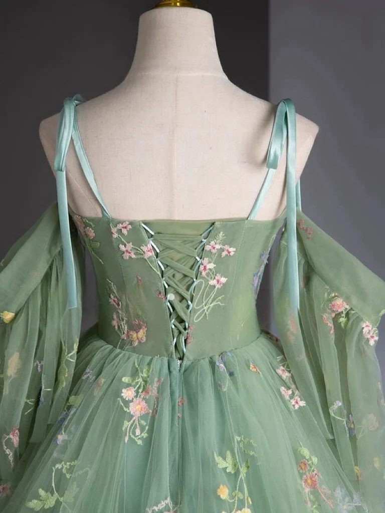 A-Line Sweetheart Neck Tulle Lace Green Long Prom Dress - Deanwangkt