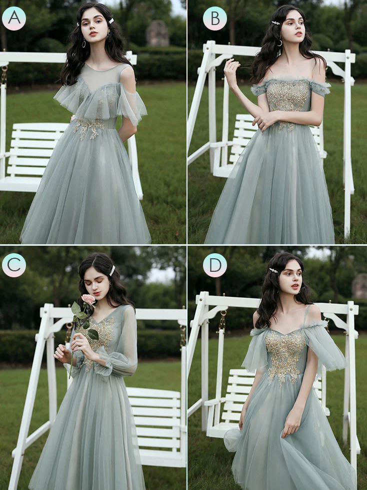 Gray Green Tulle Lace Short Prom Dresses, Gray Tulle Bridesmaid Dress - Deanwangkt