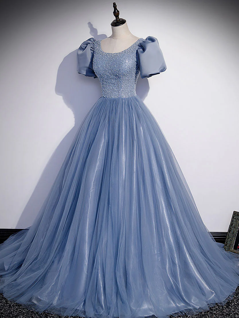 Blue Round Neck Tulle Sequin Beads Long Prom Dress, Blue Evening Dress - Deanwangkt