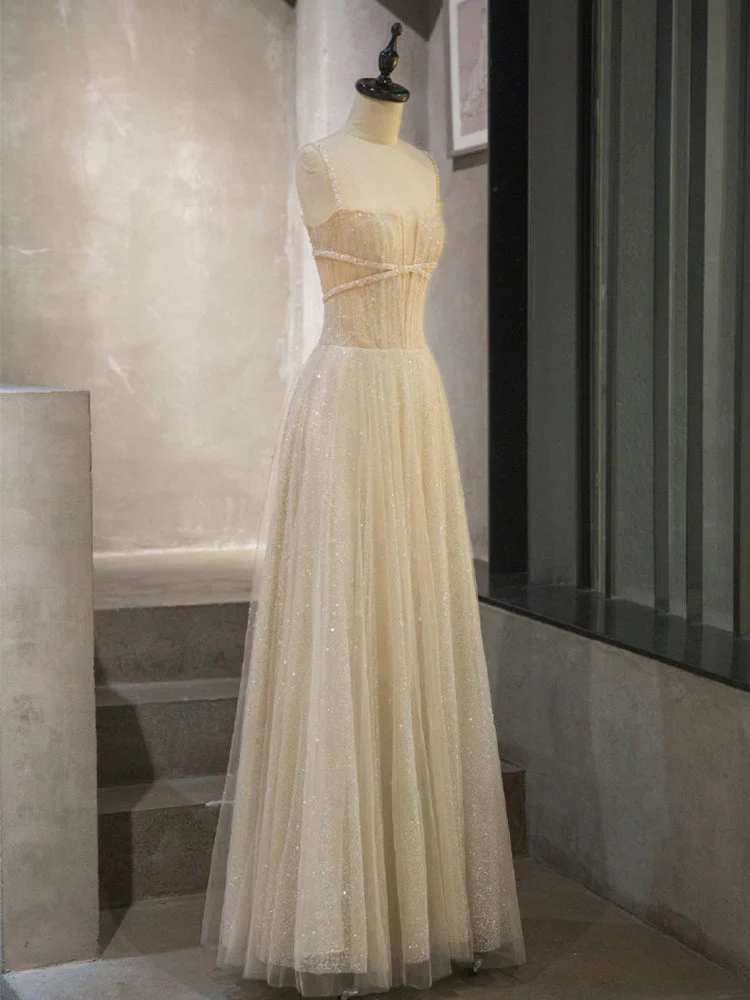 Unique Tulle Sequin Long Prom Dress, Tulle Sequin Graduation Dresses - Deanwangkt