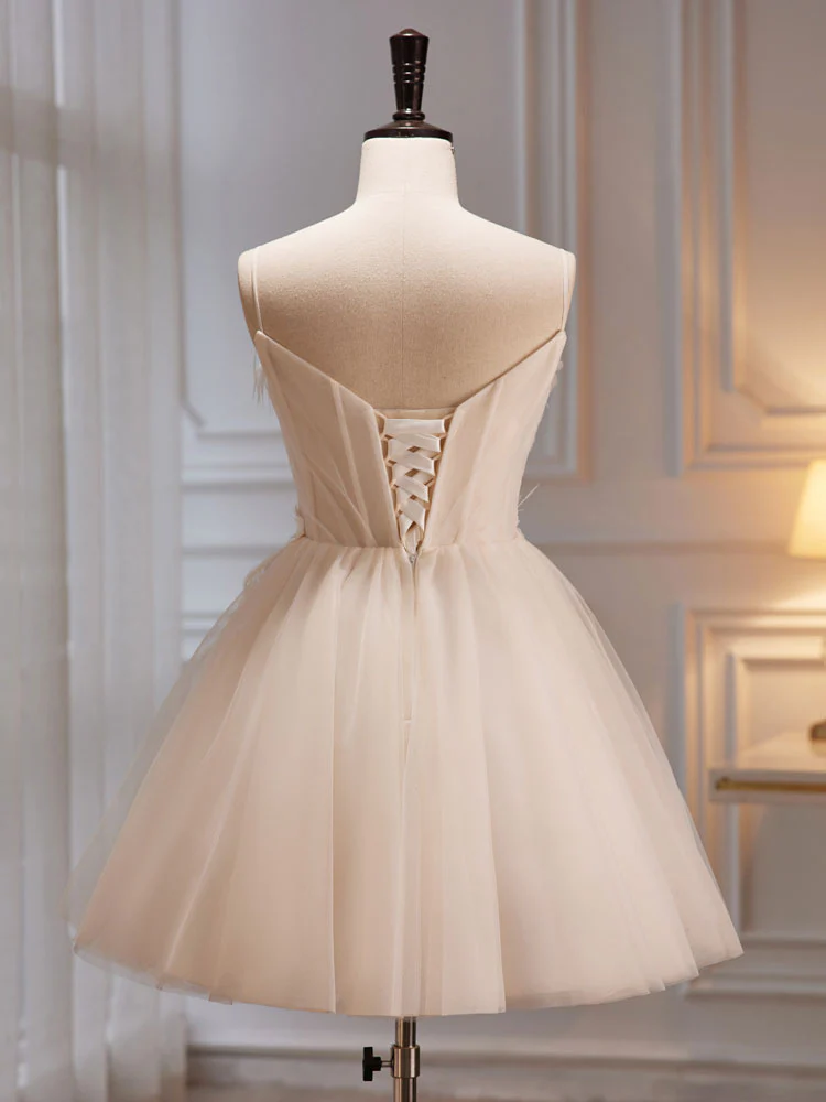 A-Line V Neck Tulle Light Champagne Short Prom Dress, Champagne Homecoming Dress - Deanwangkt