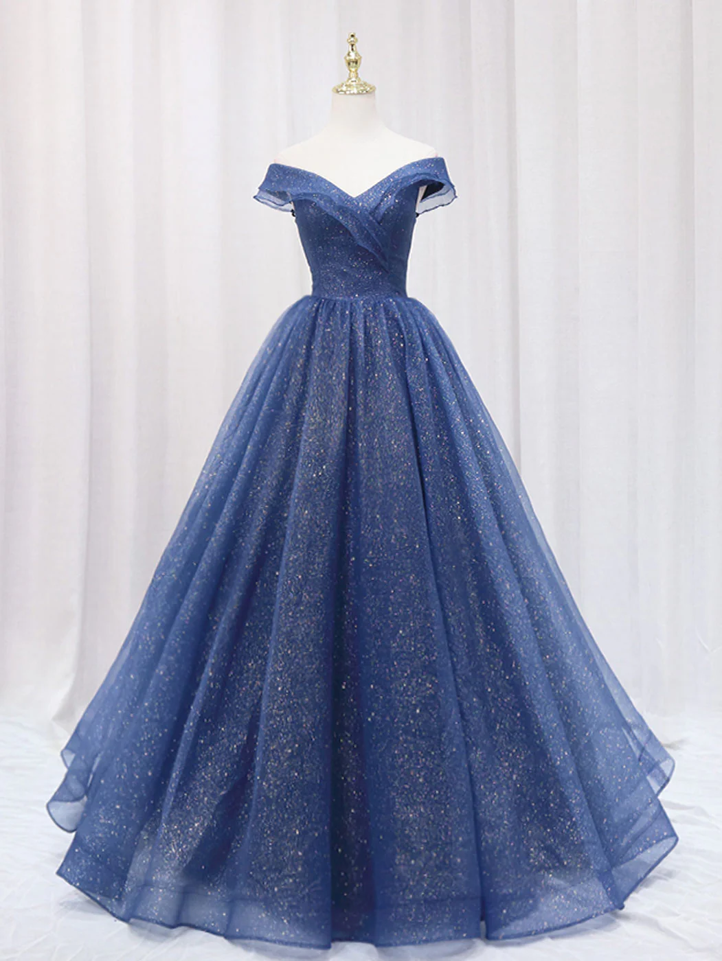 A-Line Off Shoulder Dark Blue Long Prom Dress, Shiny Tulle Long Graduation Dress - Deanwangkt